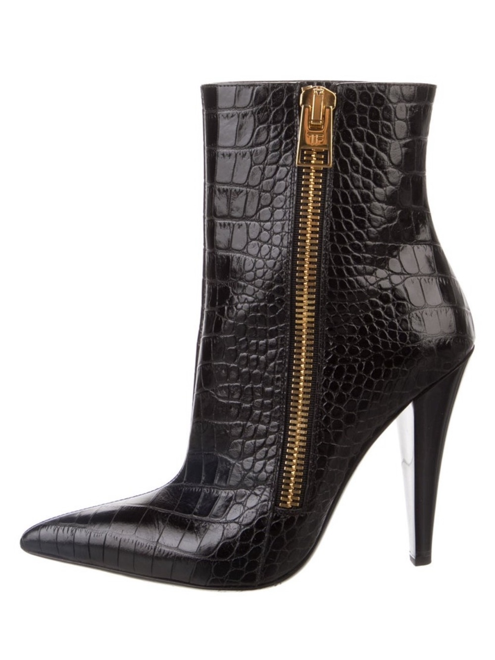Tom Ford Black Croc-Embossed Pointed Stiletto Ankle Boots with Gold Zip
